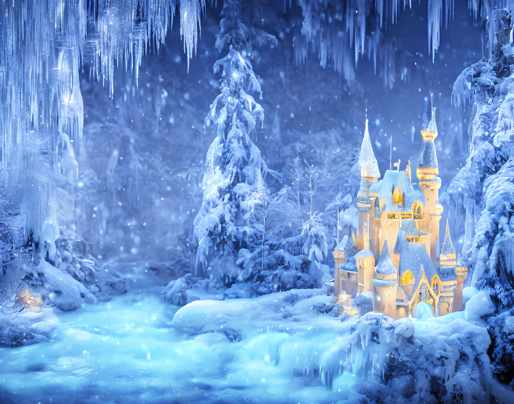 Snowy Fairy Tale Castle in Twilight Landscape