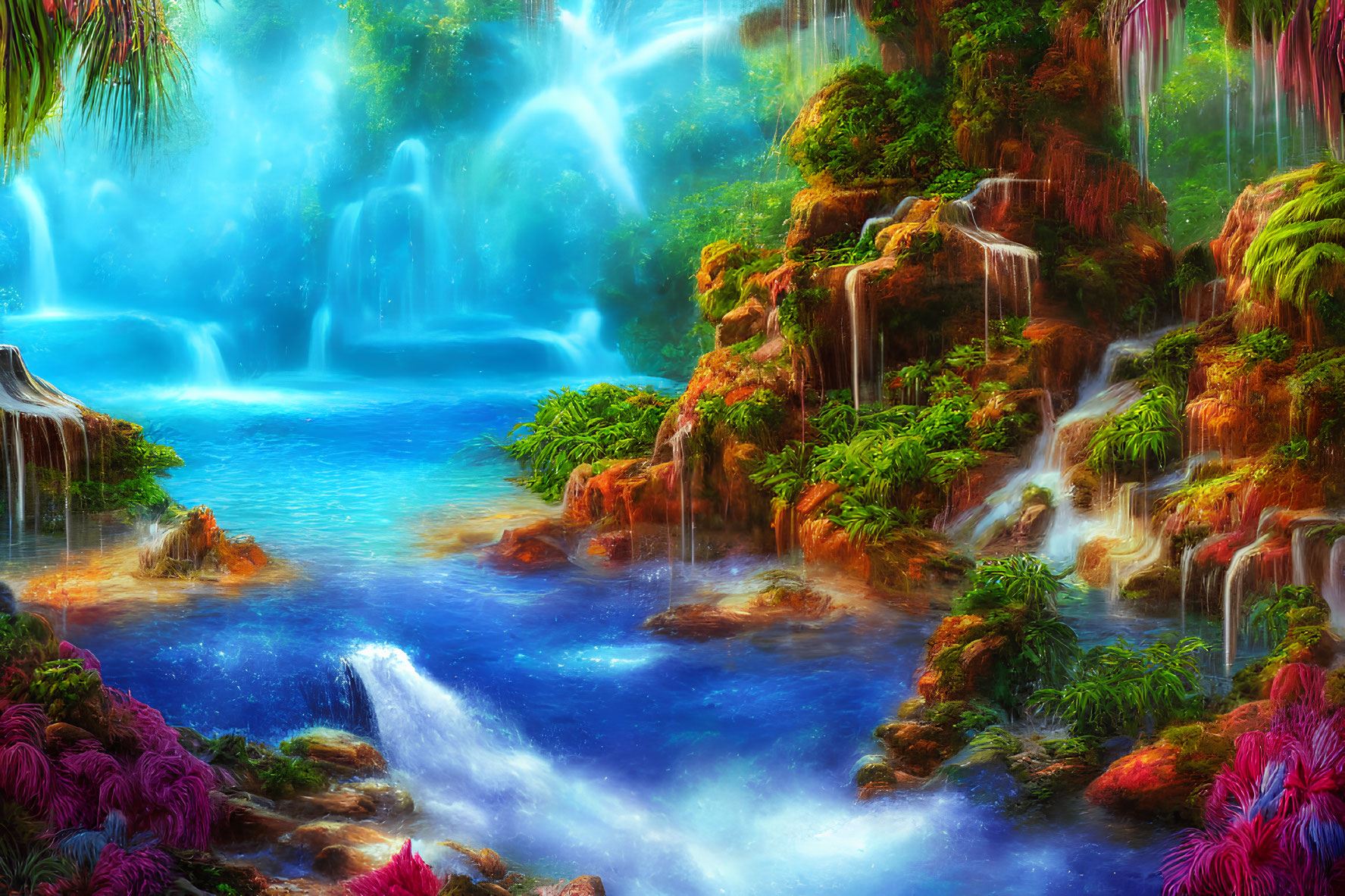 Colorful landscape with multiple waterfalls and turquoise pool surrounded by lush flora