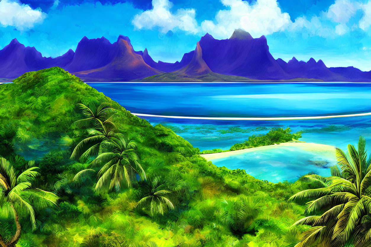 Tropical landscape with greenery, ocean, beach, and mountains