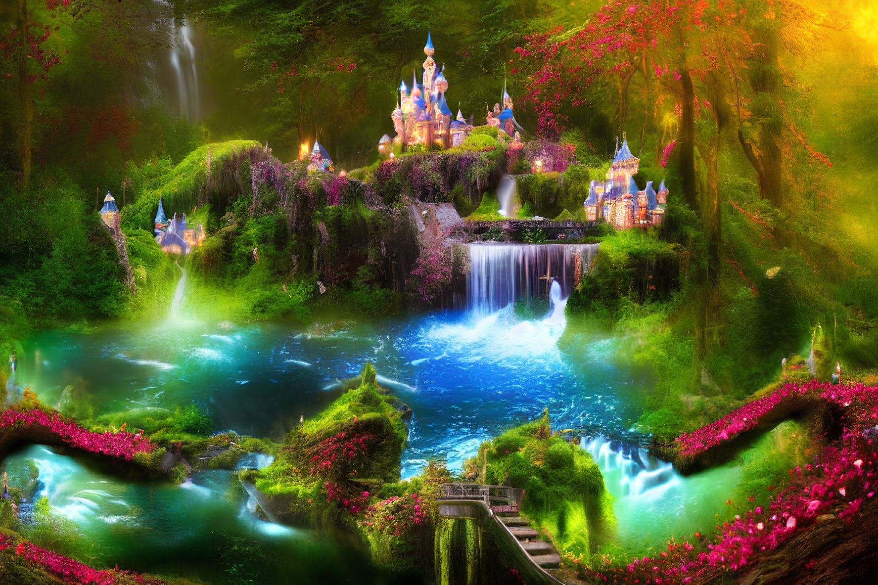 Fantasy landscape with castle, hills, waterfalls, river, and flowering trees