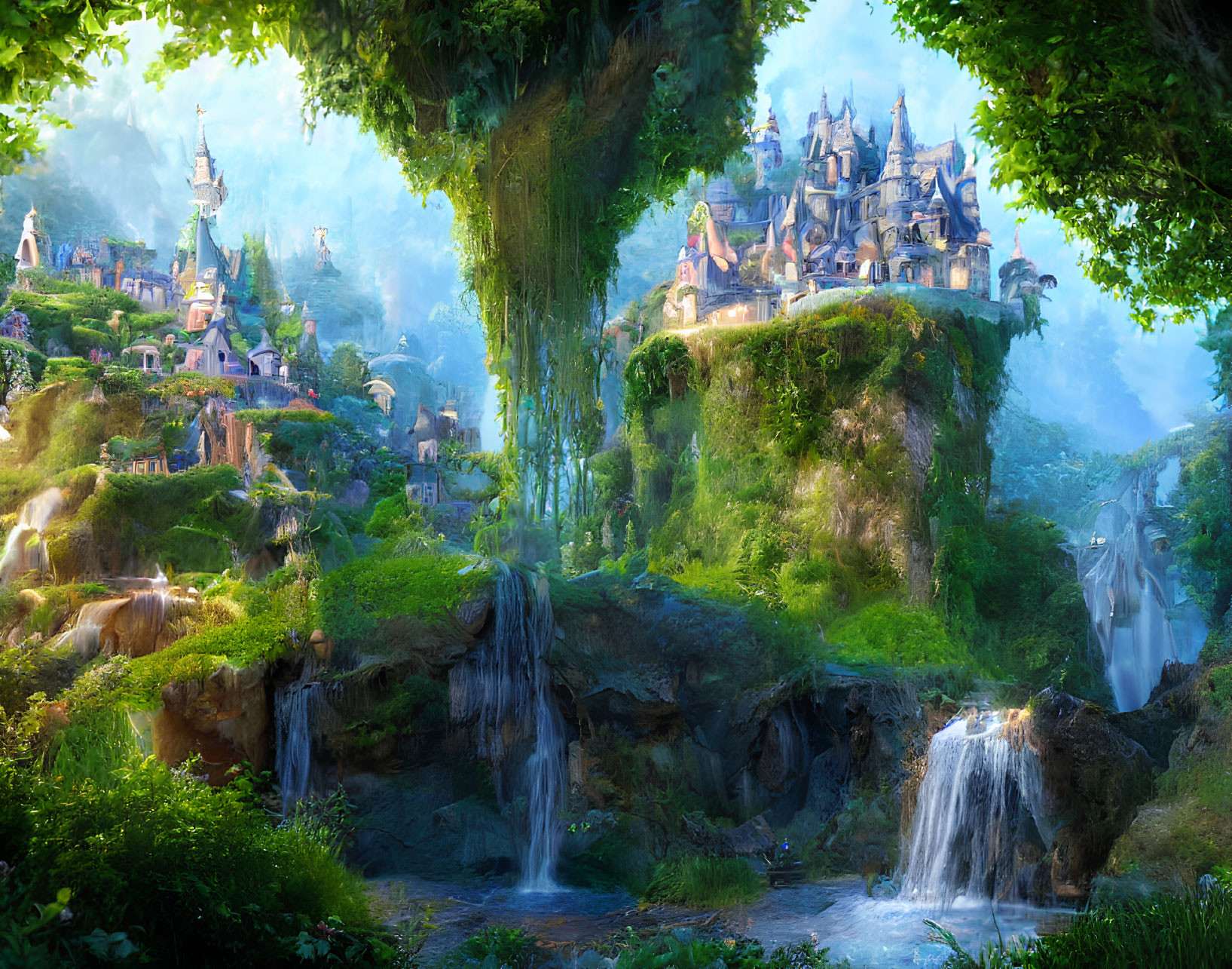 Fantastical landscape with waterfall, greenery, and castle on cliff