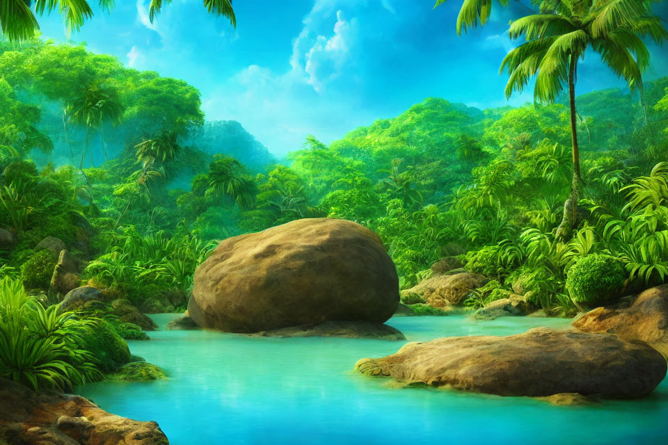 Serene blue river in lush tropical forest with dense foliage
