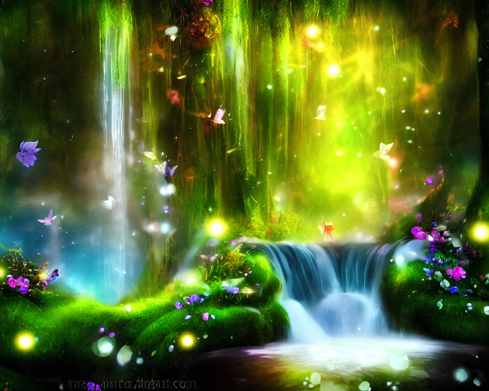 Fantasy forest scene with waterfall, glowing lights, butterflies, lush greenery