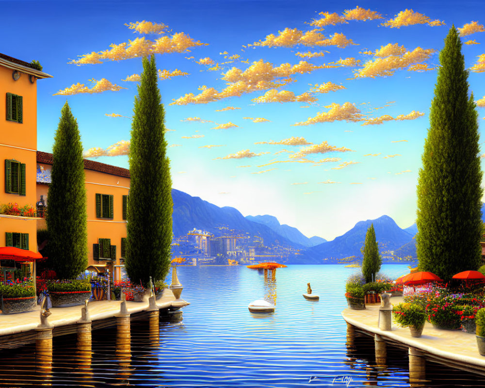Scenic lakeside view with elegant houses, cypress trees, mountains, boats, and golden sky