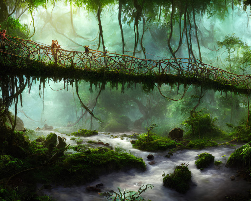 Verdant rainforest with river, mist, foliage, and rope bridge crossing.