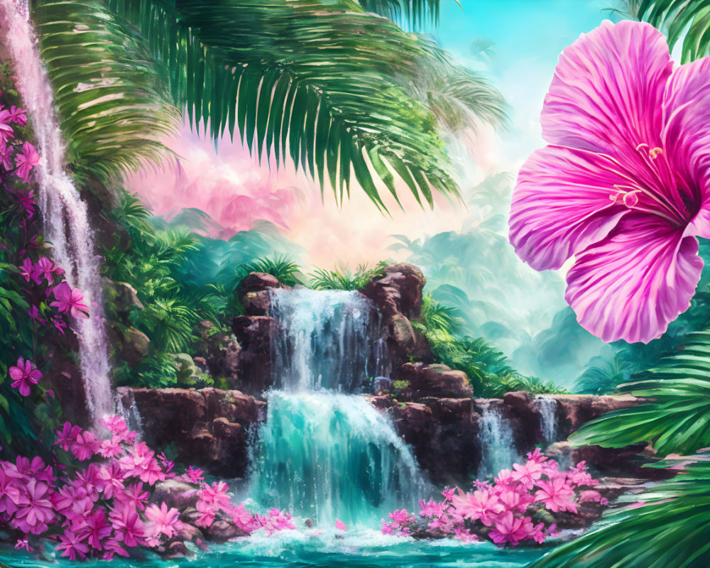 Tropical Paradise with Waterfall, Pink Flowers, and Misty Skies