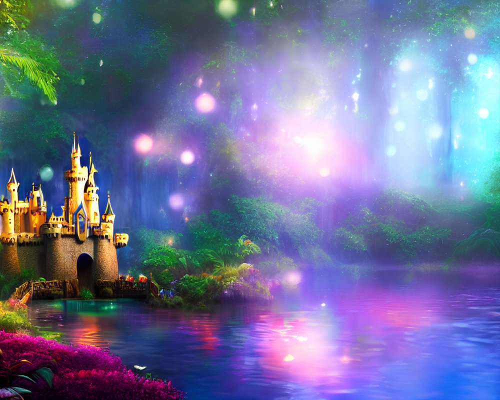 Enchanted landscape with fairy-tale castle, forest, lake, and starry sky