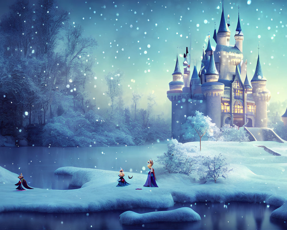 Enchanting castle in snowy winter scene with frozen lake and cloaked characters