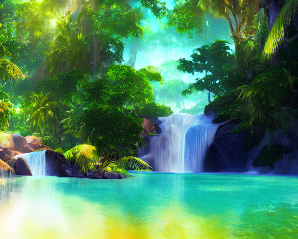 Colorful digital artwork: Tropical waterfall with lush foliage & blue pool