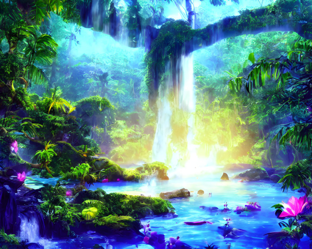 Mystical waterfall cascading into serene pond amidst lush foliage