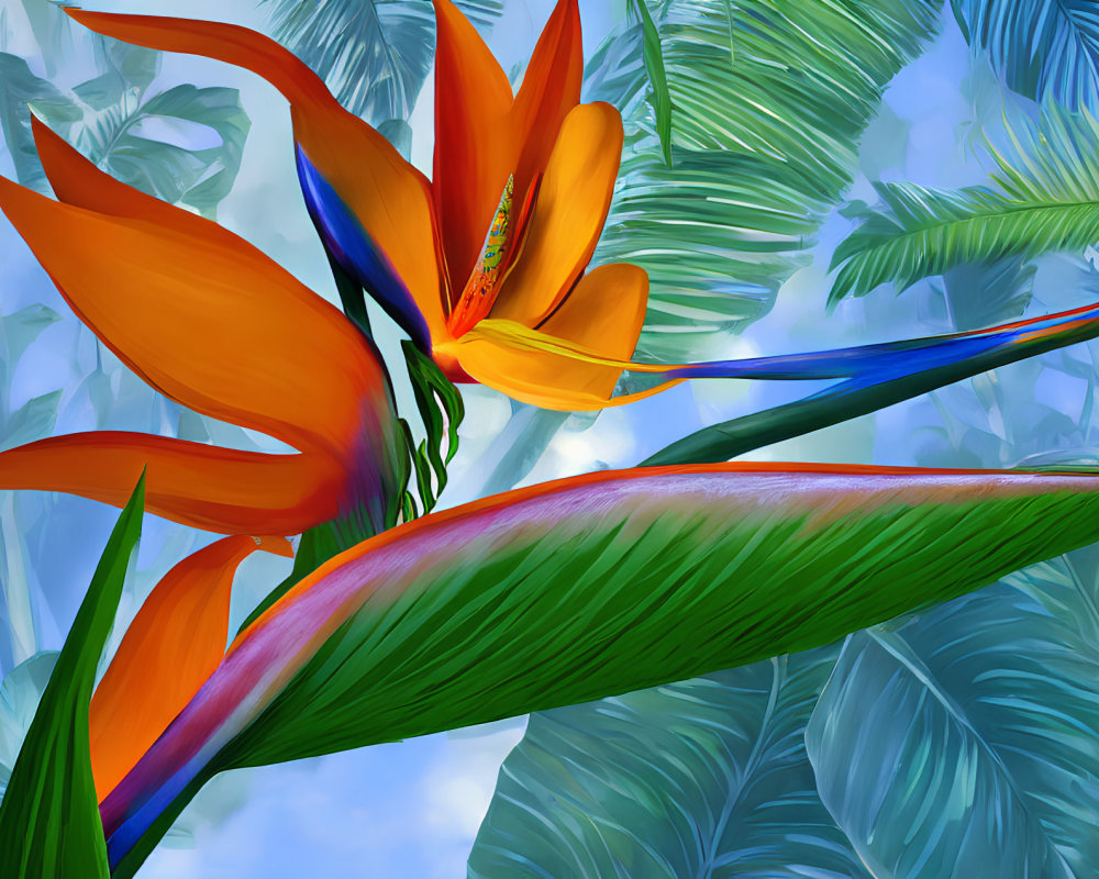 Colorful Digital Art: Orange Bird of Paradise Flower on Blue and Green Tropical Background