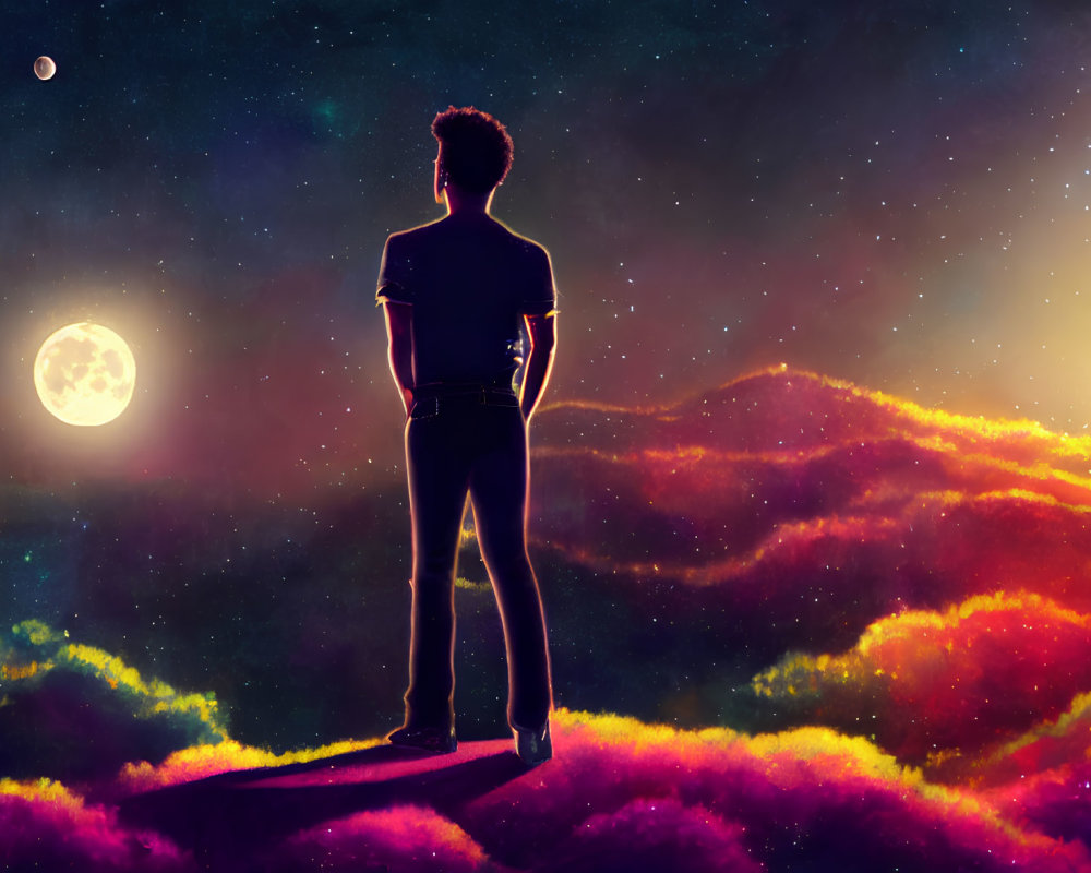 Person admiring vibrant moon and stars in colorful night sky