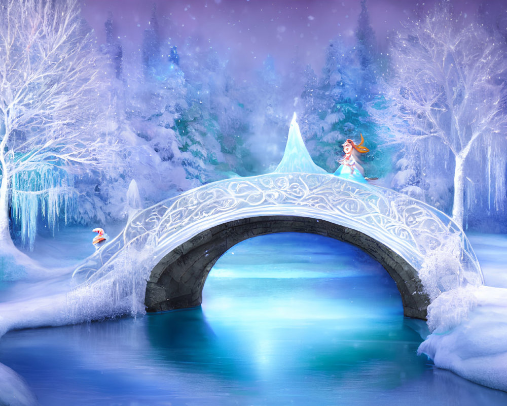 Ornate bridge over frozen river in whimsical winter scene