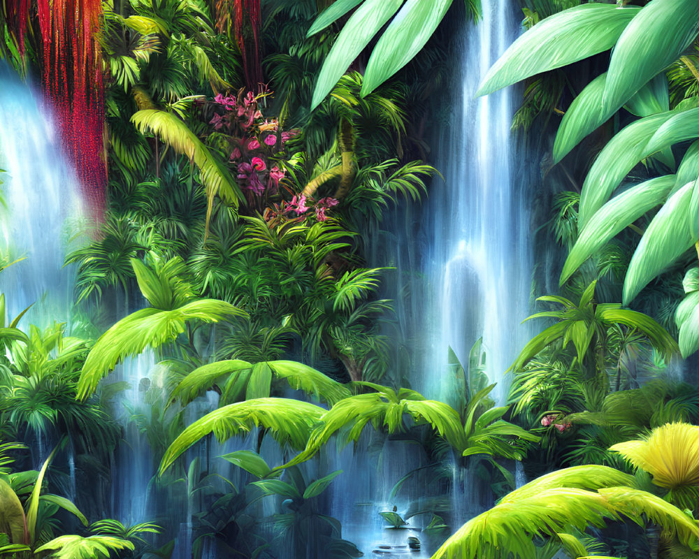 Lush Greenery and Waterfall in Tropical Jungle