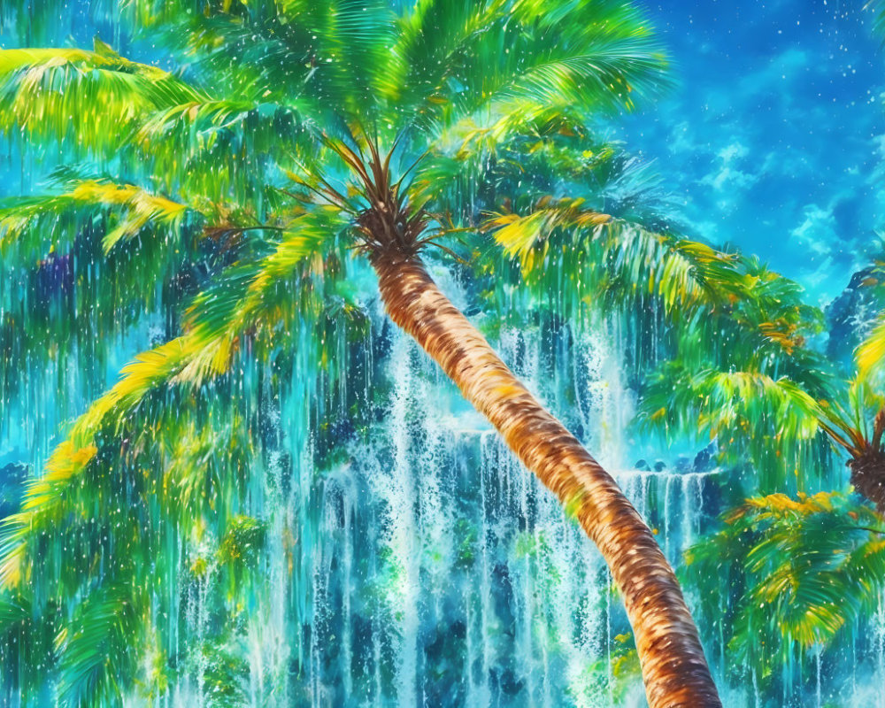 Tropical palm trees and blue waterfall under sunny sky