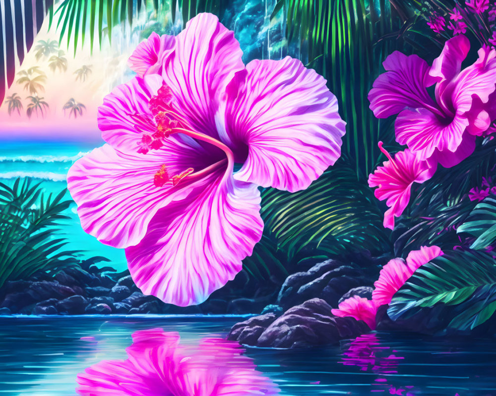 Vibrant pink hibiscus flower on tranquil tropical beach at twilight