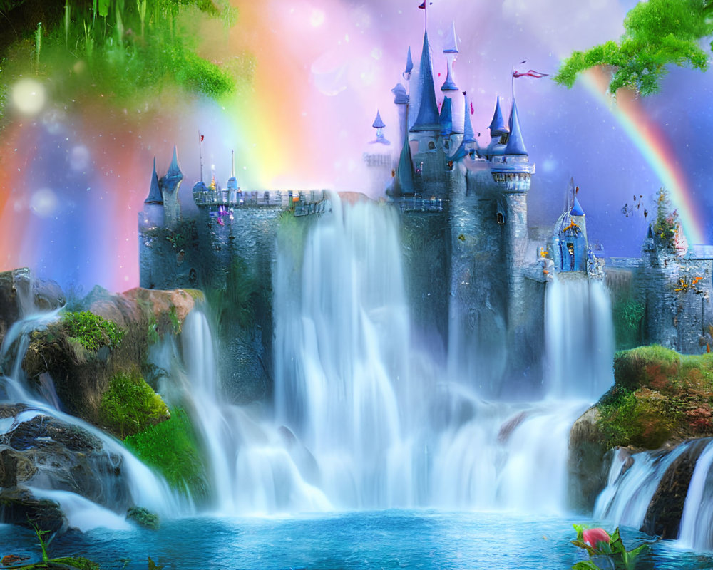 Majestic castle on waterfall with rainbows and starry sky