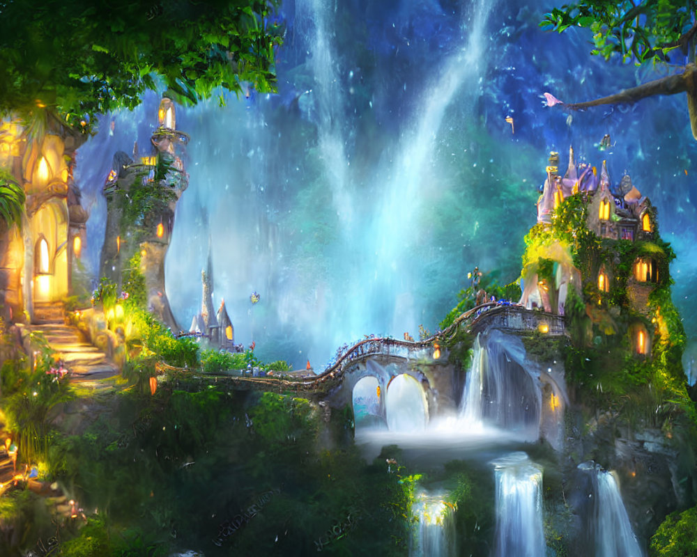 Fantasy castle and magical bird in enchanted forest scene