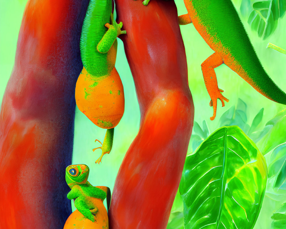Three green geckos with orange spots on red vines in lush green foliage