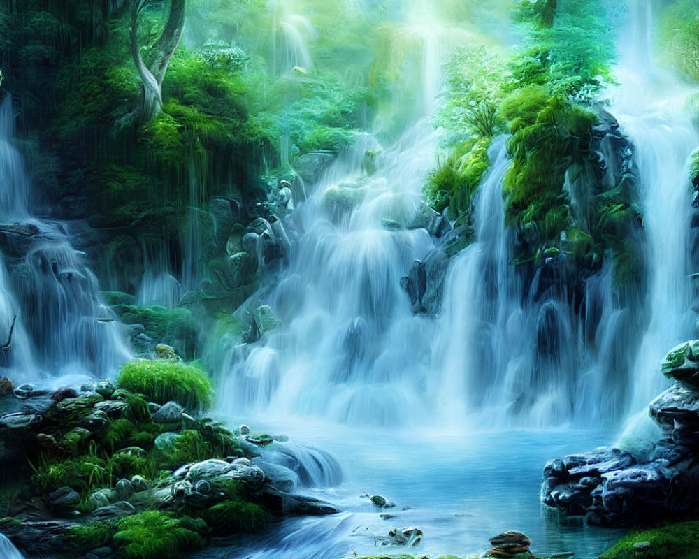 Serene forest with waterfalls, greenery, and blue stream