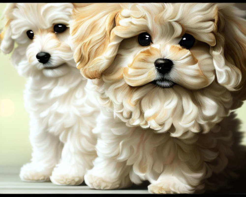 Fluffy White and Beige Puppies with Curly Fur on Warm Background