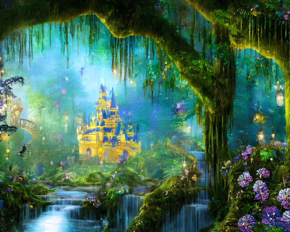 Enchanting castle in lush fantasy landscape