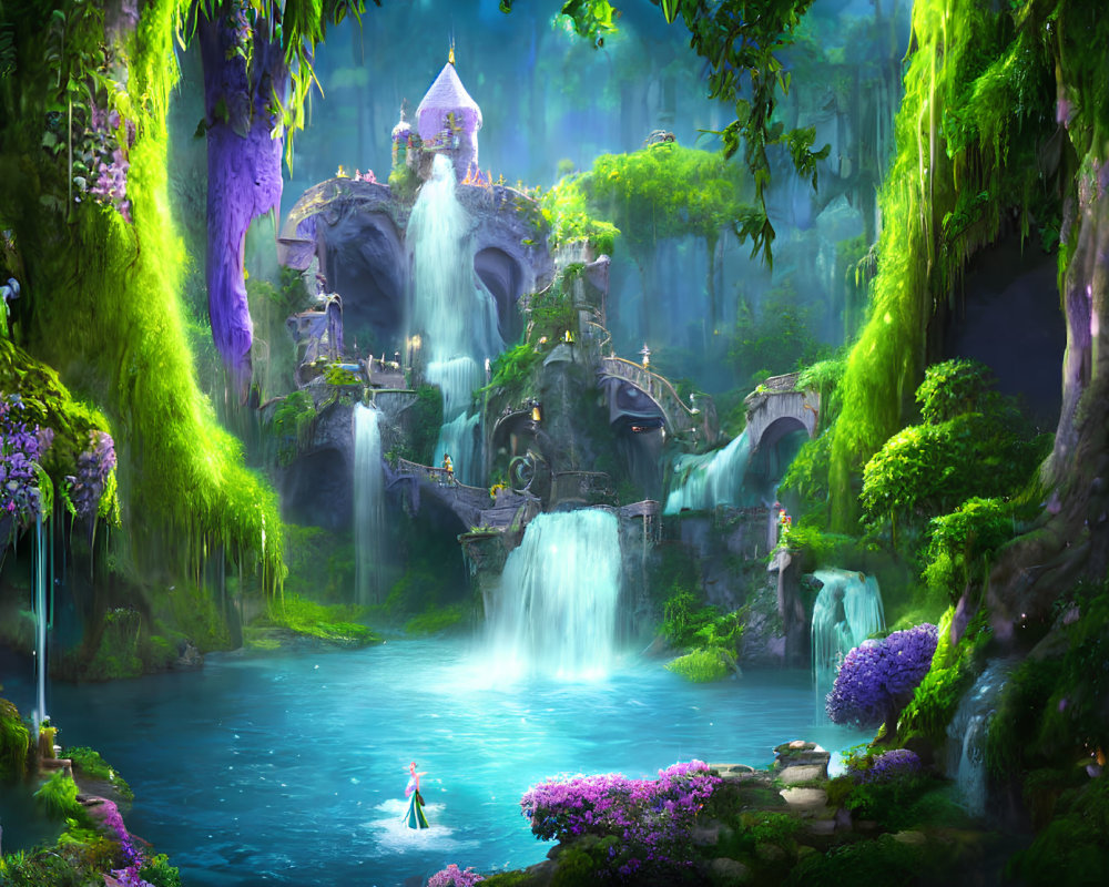 Mystical forest with greenery, waterfalls, boat, and castle by tranquil lake