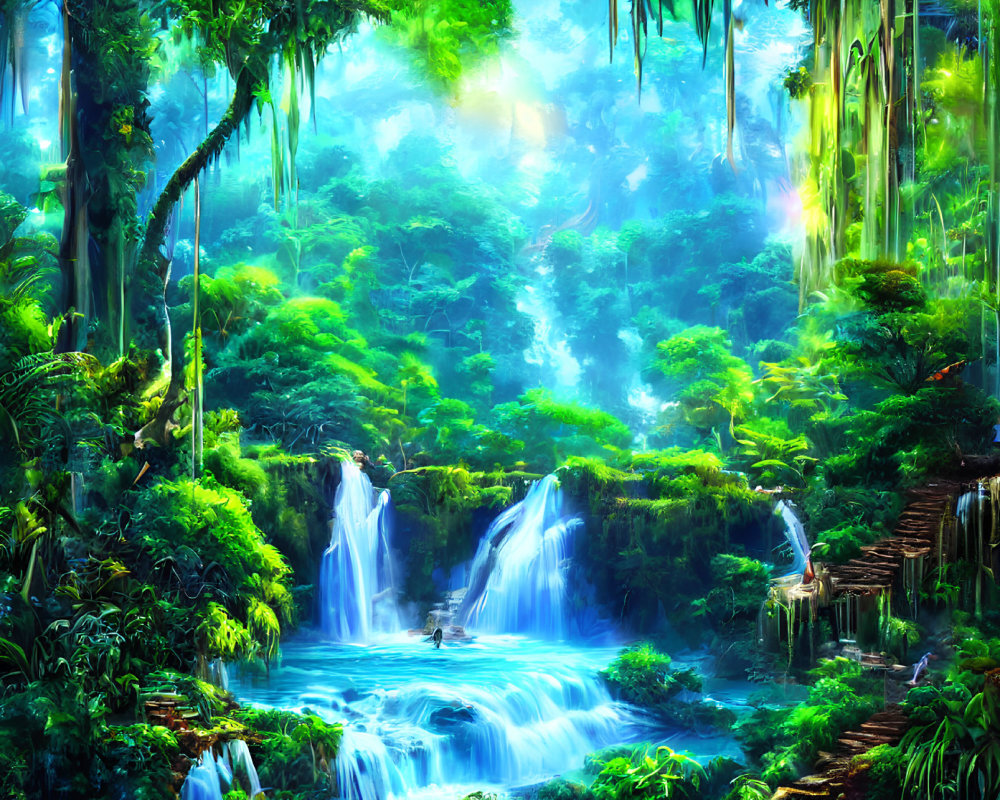 Serene forest scene with lush greenery and cascading waterfall