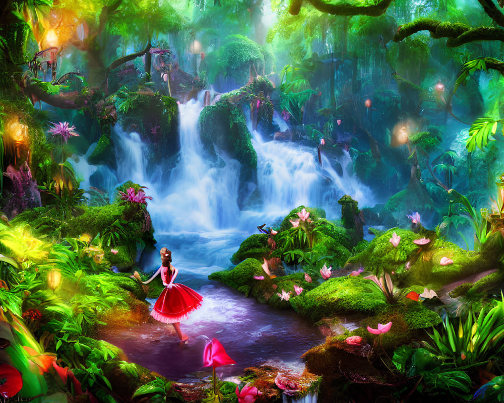 Colorful Fantasy Landscape with Waterfall and Figure in Red Dress