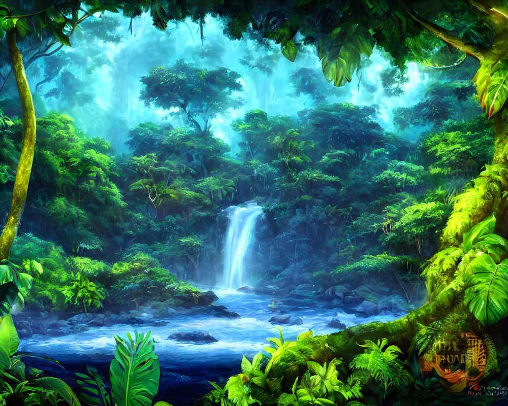 Tropical Jungle with Waterfall, Foliage, and River