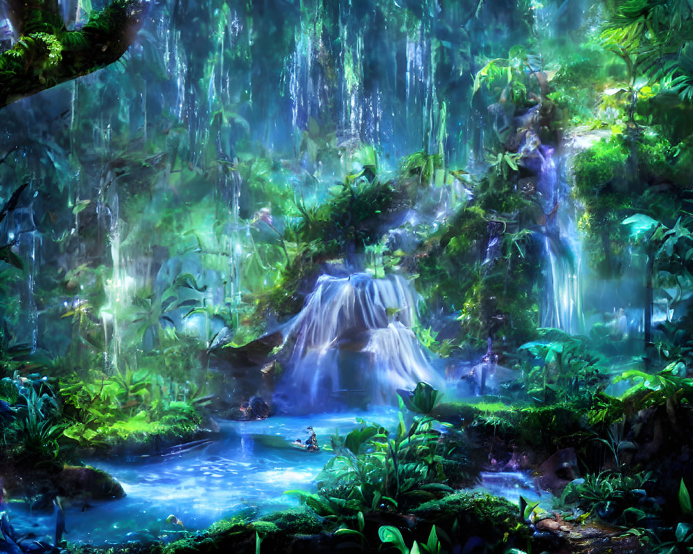Mystical forest with waterfall, blue light, and lush vegetation