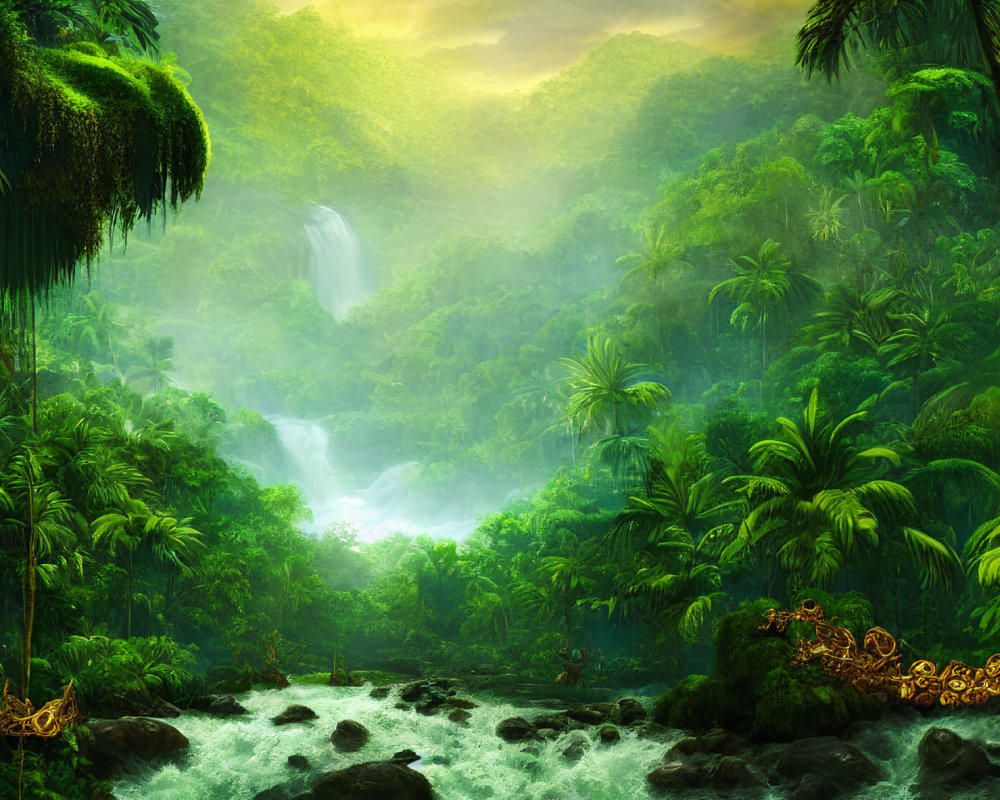 Tropical Jungle with Waterfalls, River, and Sunlit Foliage