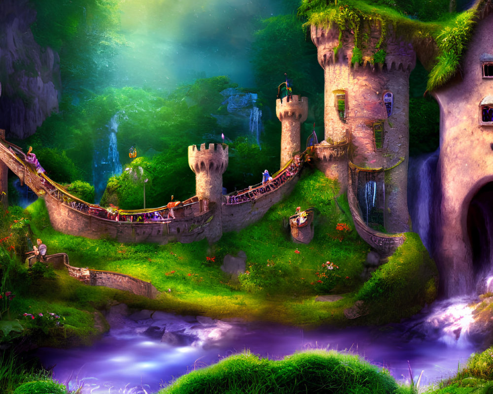 Whimsical fairy tale landscape with castles, bridge, river & purple glow