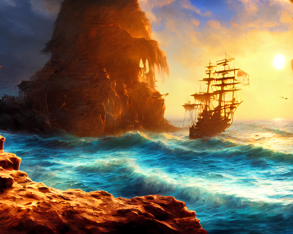 Sailing ship near rocky cliffs at sunset on tranquil ocean waters