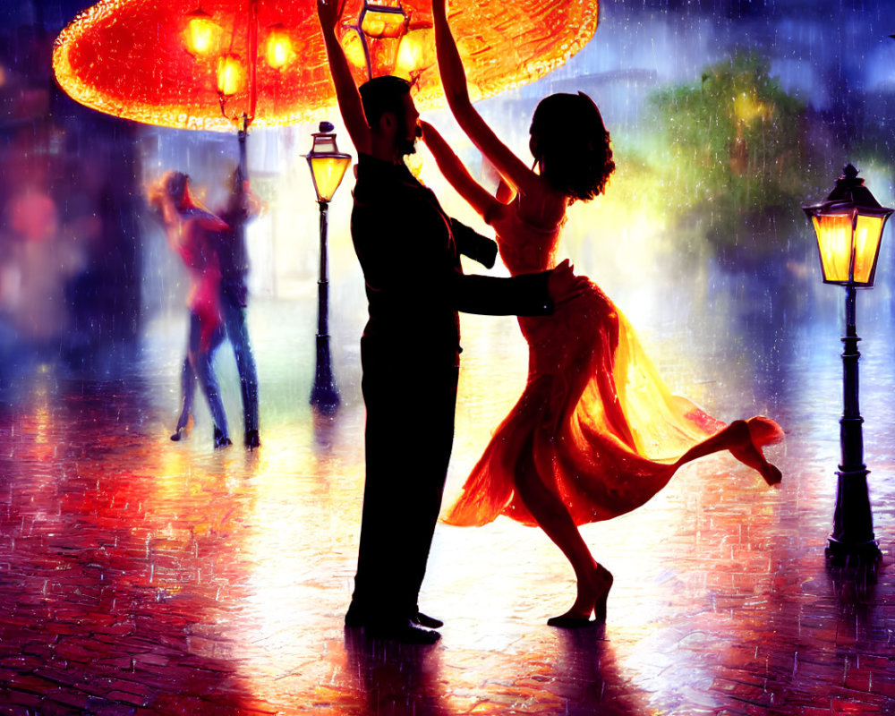 Night scene of couples dancing in the rain with colorful umbrellas