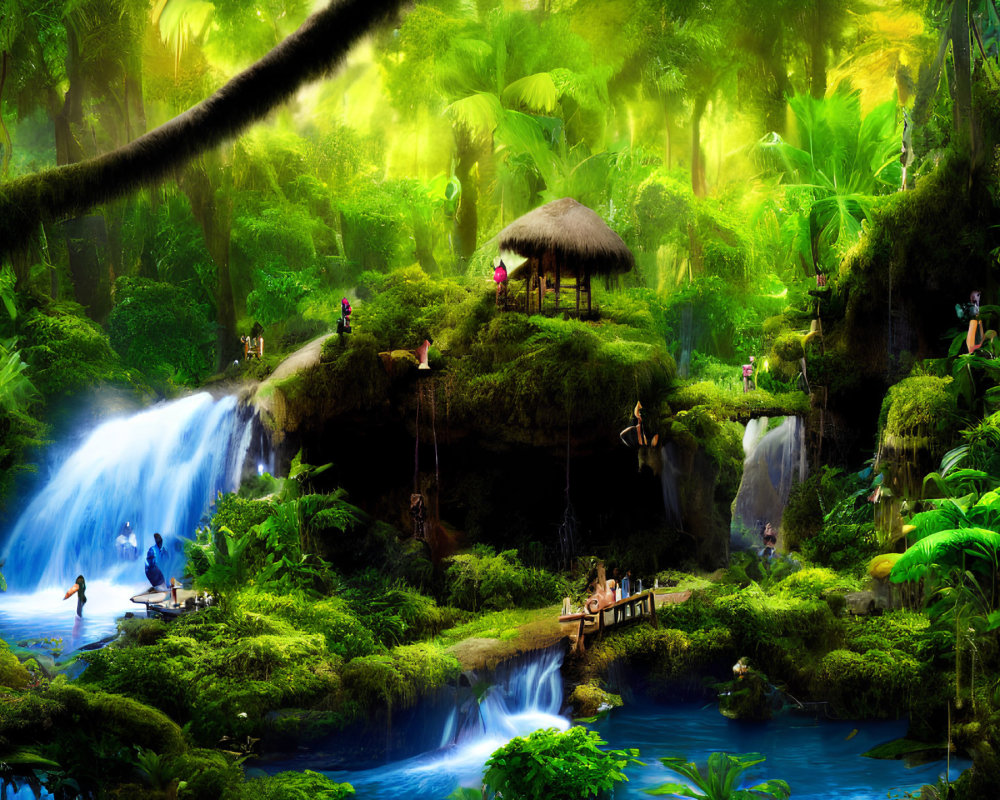 Lush jungle with waterfalls, greenery, and people in various activities