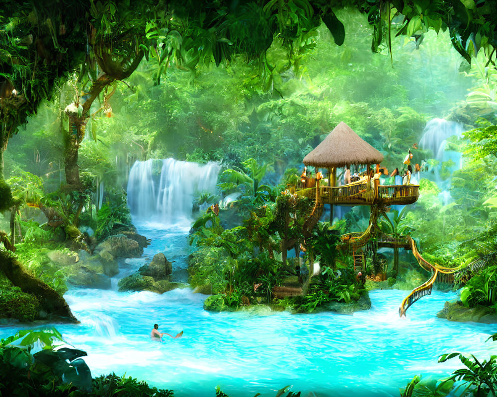 Tropical paradise with thatched hut, waterfalls, river, and swimmer