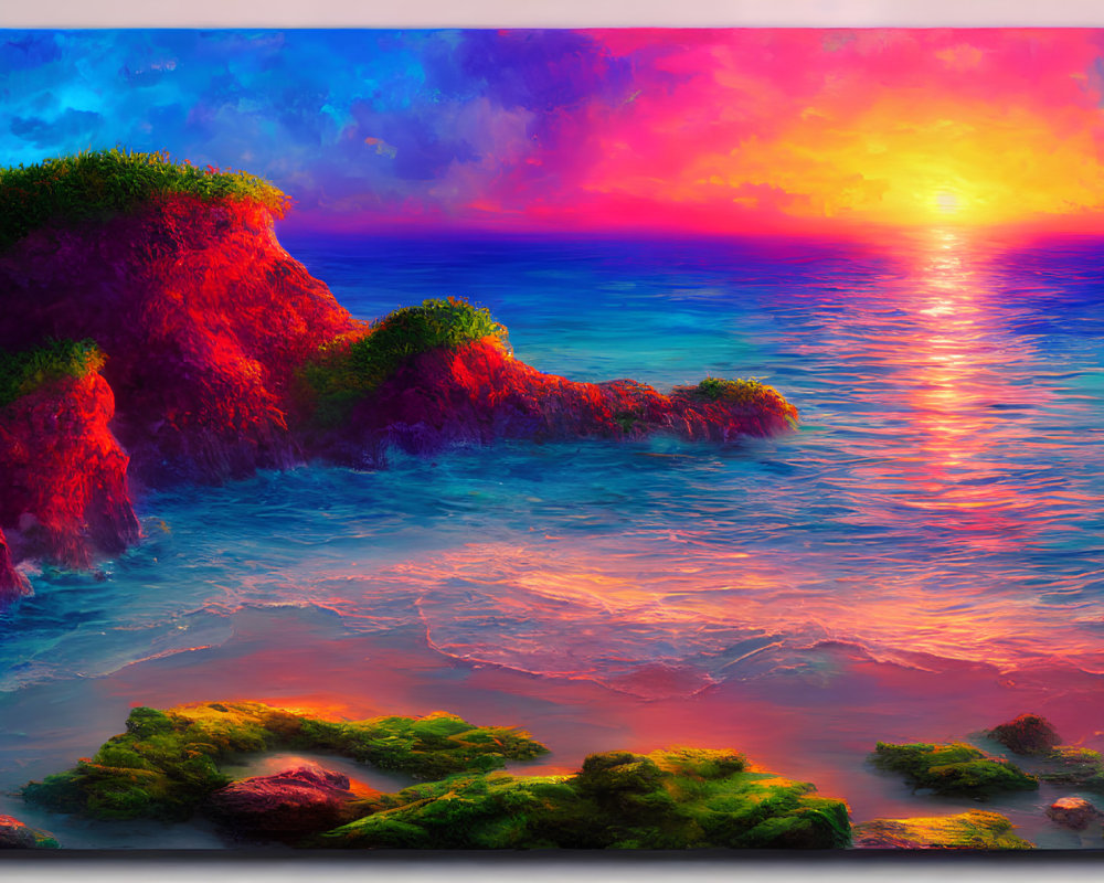 Colorful Sunset Artwork with Ocean Reflections & Lush Greenery