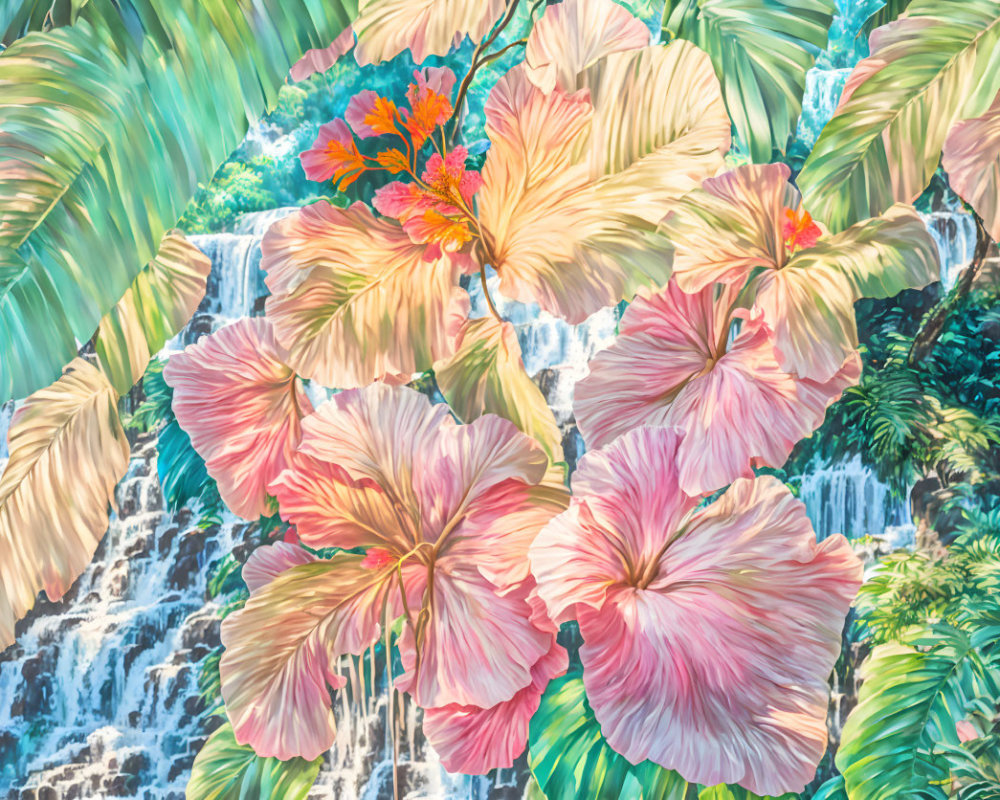 Tropical Scene with Hibiscus Flowers and Waterfall