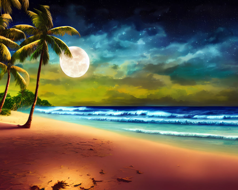 Nighttime Tropical Beach Scene with Glowing Blue Waves and Full Moon
