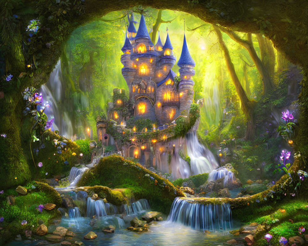 Majestic castle nestled in lush forest with waterfalls, streams, and glowing flowers.
