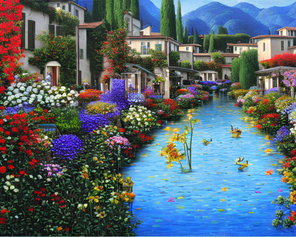 Colorful painting of Venice-like canal with quaint houses, blooming flowers, and swimming ducks