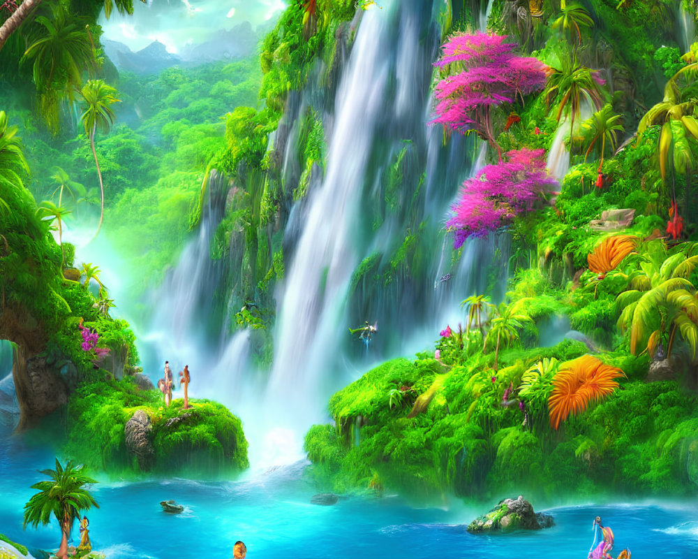 Tropical Waterfall Scene with People and Exotic Plants