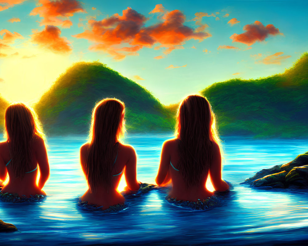 Three women sitting in water at sunset with hills, clouds, and colorful sky reflected