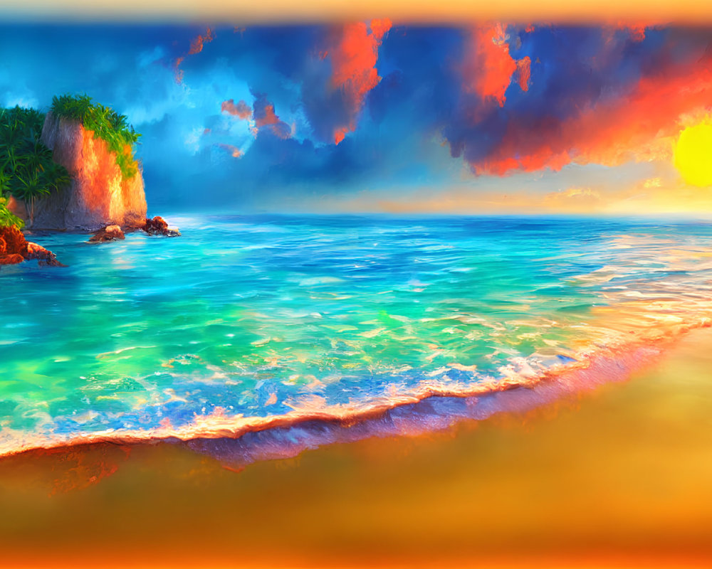 Scenic tropical sunset over tranquil ocean with golden sun and fiery clouds