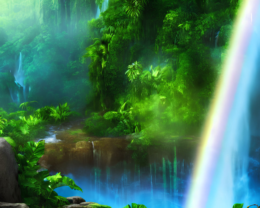 Lush jungle with waterfall in misty sunlight