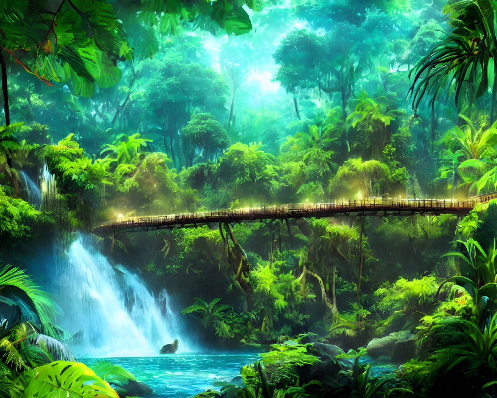 Tranquil Tropical Rainforest with Waterfall, Pond, and Footbridge