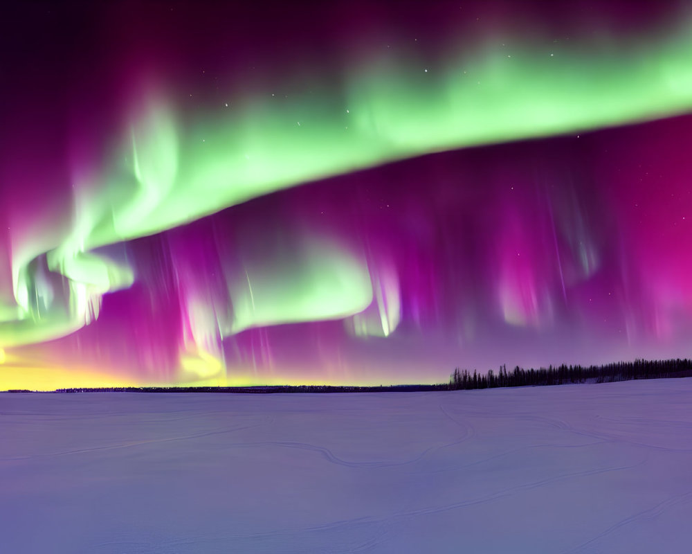 Colorful Aurora Borealis over Snow-Covered Twilight Sky