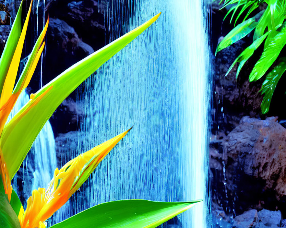 Colorful flowers and waterfall in serene nature scene
