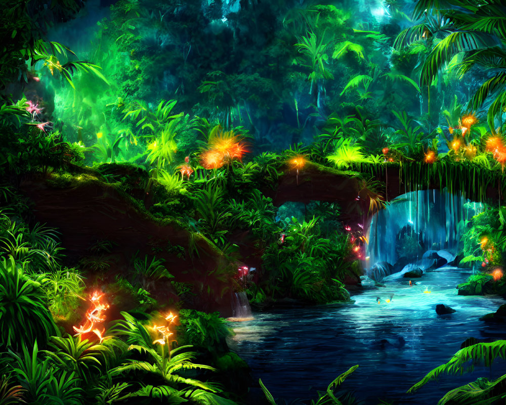 Lush Jungle Scene with Waterfall and Colorful Lights